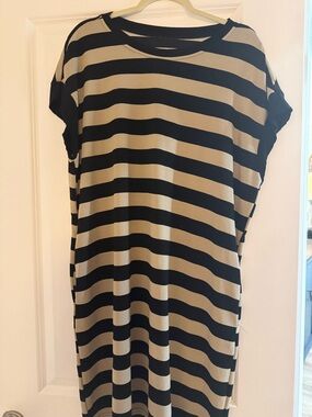 Black and Cream Striped Midi Dress